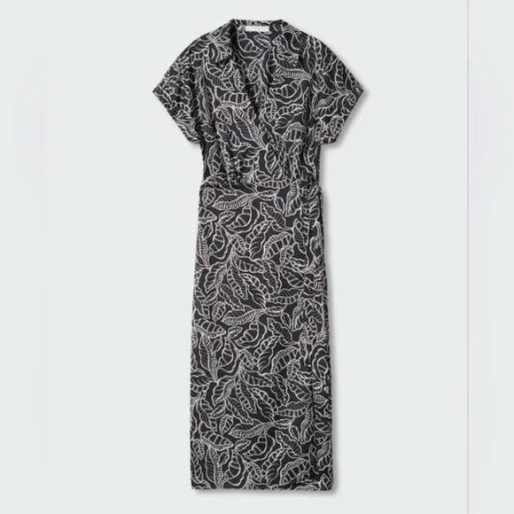 (SOLD) Mango black leaf pattern collared wrap midi dress, US size 10 - Picture 11 of 11